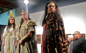 A tableau from Aida, featuring Kelley Kennedy (left, as Amneris), Antonio Cosenza (center, as Radames), and Torya Blanchard (left, as Aida) - costume design by Alan Charles Klein