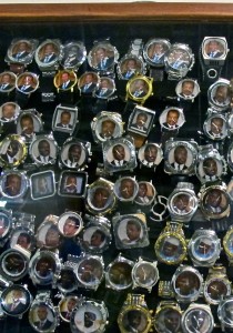 This piece represented the regimes of various African dictators, as represented on watch faces within boxes traditionally used to sell contraband merchandise