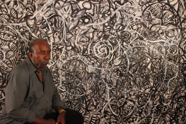Ta-coumba Aiken and "The Calling" (detail), 2012, acrylic on canvas. Photo: William Franklin (Courtesy of the artist)