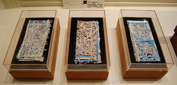 Jeff Woodbury, "Dissected Map (Florida)", "Dissected Map (New York, with Long Island)", and "Dissected Map (Massachusetts)."