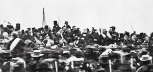 The Gettysburg dedication, Nov. 19, 1863. President Abraham Lincoln can be seen at the center, hatless, just to the left of a man wearing a top hat. (Photo by Matthew Brady)