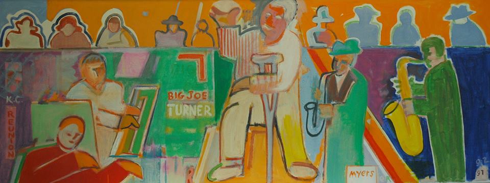 Malcolm Myers, "Big Joe Turner," acrylic on canvas, 30"×76". Courtesy of the Grand Hand Gallery.