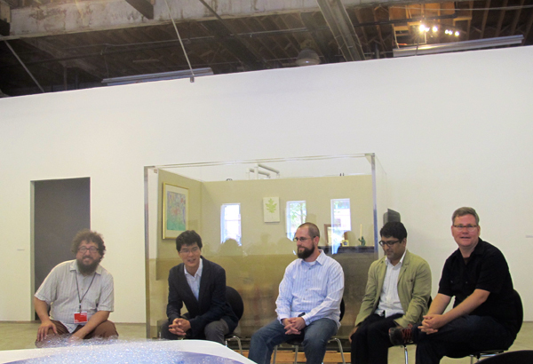 From left to right, MOCAD Coordinator of Public Events Greg Baise, curator Greg Tom, and artists Jason J. Ferguson, Osman Kahn, and Matt Kenyon.