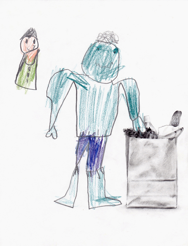 "Groceries Hulk" (Things I Learned from Dad and TV), mixed media, 2013. Courtesy of the artist.