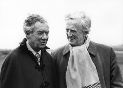 Benjamin Britten (left), with Peter Pears at Snape, England, in 1975. (Photo by Victor Parker; courtesy Britten-Pears Foundation)