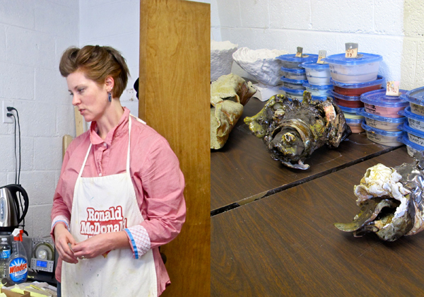 Artist and sculptor Addie Langford, and a few of her ceramic animal skull interpretations.