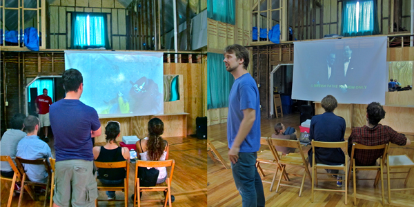 Richard Newman (standing center) and the rest of Hinterlands (left), chill with visitors at The Play House.