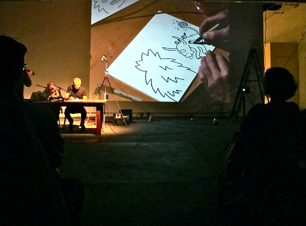 Davin Brainard, drawing "three baby raccoons riding a wildebeast into battle with a yeti," for artist Mary Fortuna.