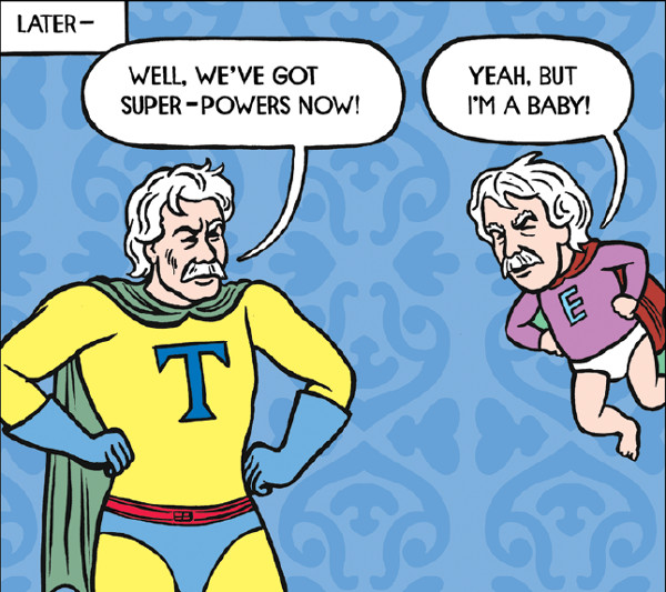 Mark Twain and Albert Einstein develop some new found powers courtesy Kupperman's comics...