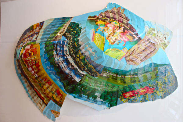 "India: Himalayas/Ganezh/Lakshmi" by Howardena Pindell--dimensional collages folded into mountainscapes.