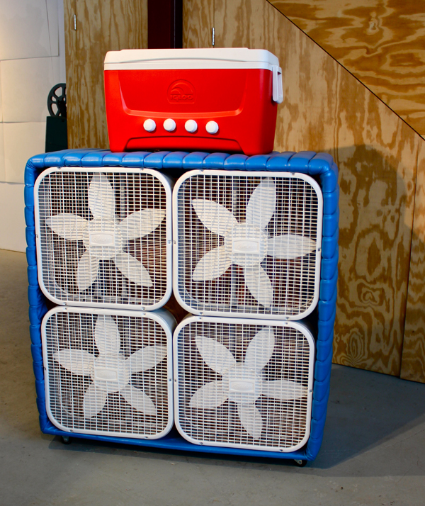 Tonning&squot;s "speaker," constructed from fans and a cooler.