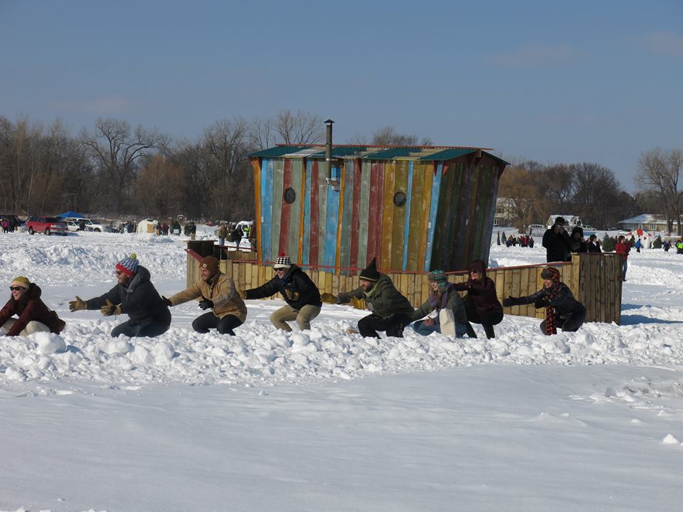 "Snowga" squats at the Meta Shanty. Photo courtesy of Art Shanty Projects.