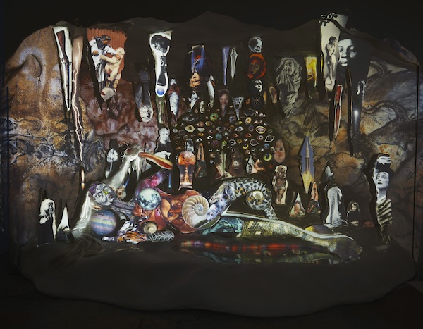 Shary Boyle: The Cave Painter, (details), 2013. Plaster, wood, foam, synthetic hair, sculpting epoxy, metal, acrylic, glitter, glass, 3 overhead projectors on custom sculpted plinth, photo-collage projection acetates, timer sequencer. 301 x 427 x 45. Photos by Rafael Goldchain Ⓒ 2013