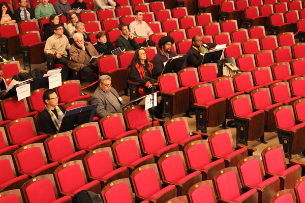 EarShot composers: Kevin Scott in the hot seat (front row, left of center aisle), while Erica Lindsay, Matthew Evan Taylor, and Jonathan Bailey Holland wait their turn (front row, right of center aisle).