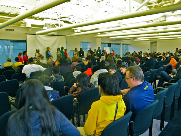 The opening day crowd, which included many Detroit students and luminaries of the urban agriculture movement.