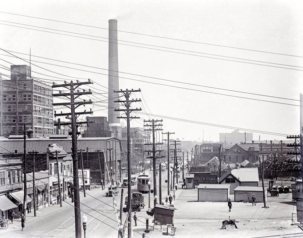 “This is Joseph Campau just south of where the viaduct is today. Dodge Main is on the left. This dates from about 1920,” (Greg Kowalski)