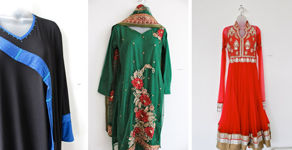From left to right, an Abaya, a Bangla-styled dress, and an Indian-styled dress.