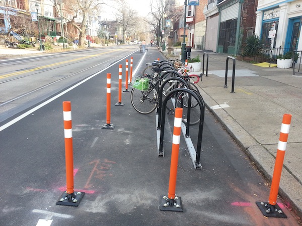  The bike corral on Baltimore Ave was being used even before the bike lane was finished being repainted