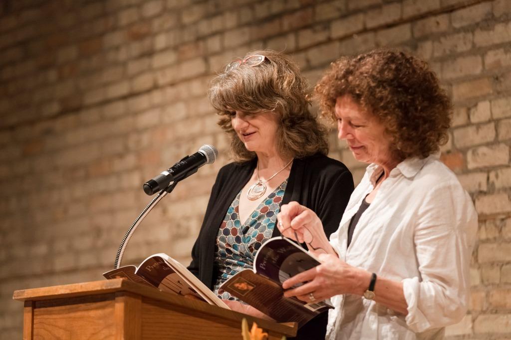 Kathryn Kysar and Joyce Sutphen prepare to read "Pretend the World" selections at the CD launch party, held recently at the Loft Literary Center. Photo: Anna Min.