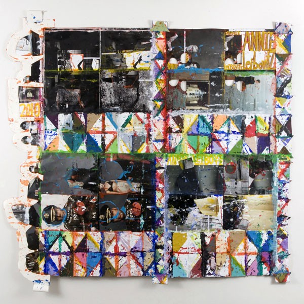 Colin Powell Paper Quilt (Back), 2010, altered photography book, Color-Aid paper and acrylic paint. Courtesy of the artist's website.
