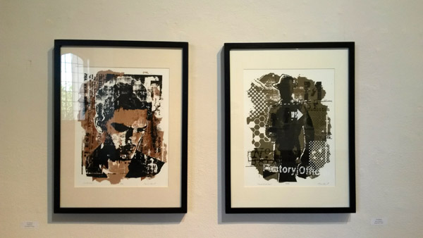 Screen prints on canvas by Tim Gralewski, less colorful, but no less meditative.