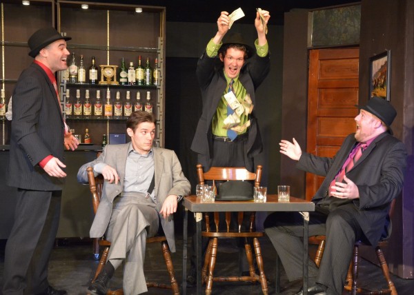 l-r:Joe Pine, Geoff Knox, Jeremy Jenkins, and Derrick Winger in "Three Men on a Horse," at Coach House Theater. Photo by Scott Custer