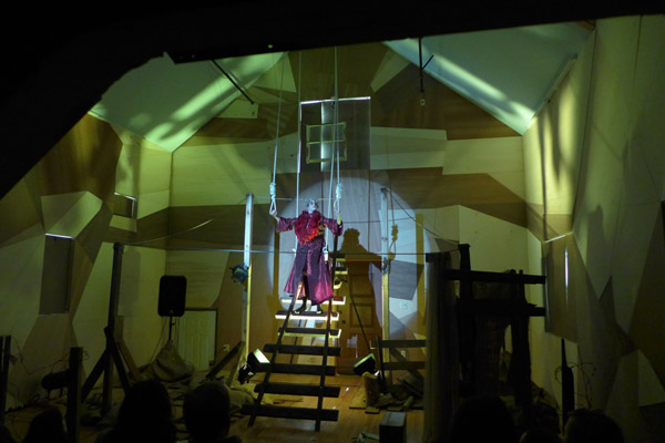 Caplan prepares to go aerial, within the newly-finished gorgeous interior of the Play House space.Photo courtesy of Gina Reichert of Powerhouse Productions.
