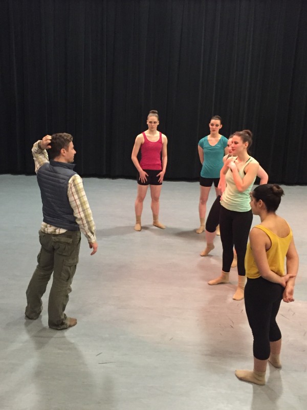 Choreographer Alexandre Munz working with The University of Akron Dance Company in "Youth With Caution." Photo by Roger Durbin