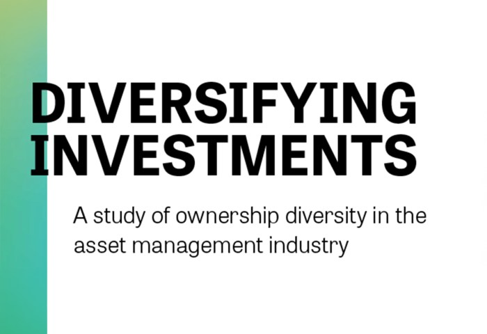 Knight Diversity of Asset Managers Research Series, 2017 Industry Report Graphic. Text reads: "Diversifying Investments" and "A study of ownership diversity in the asset management industry".