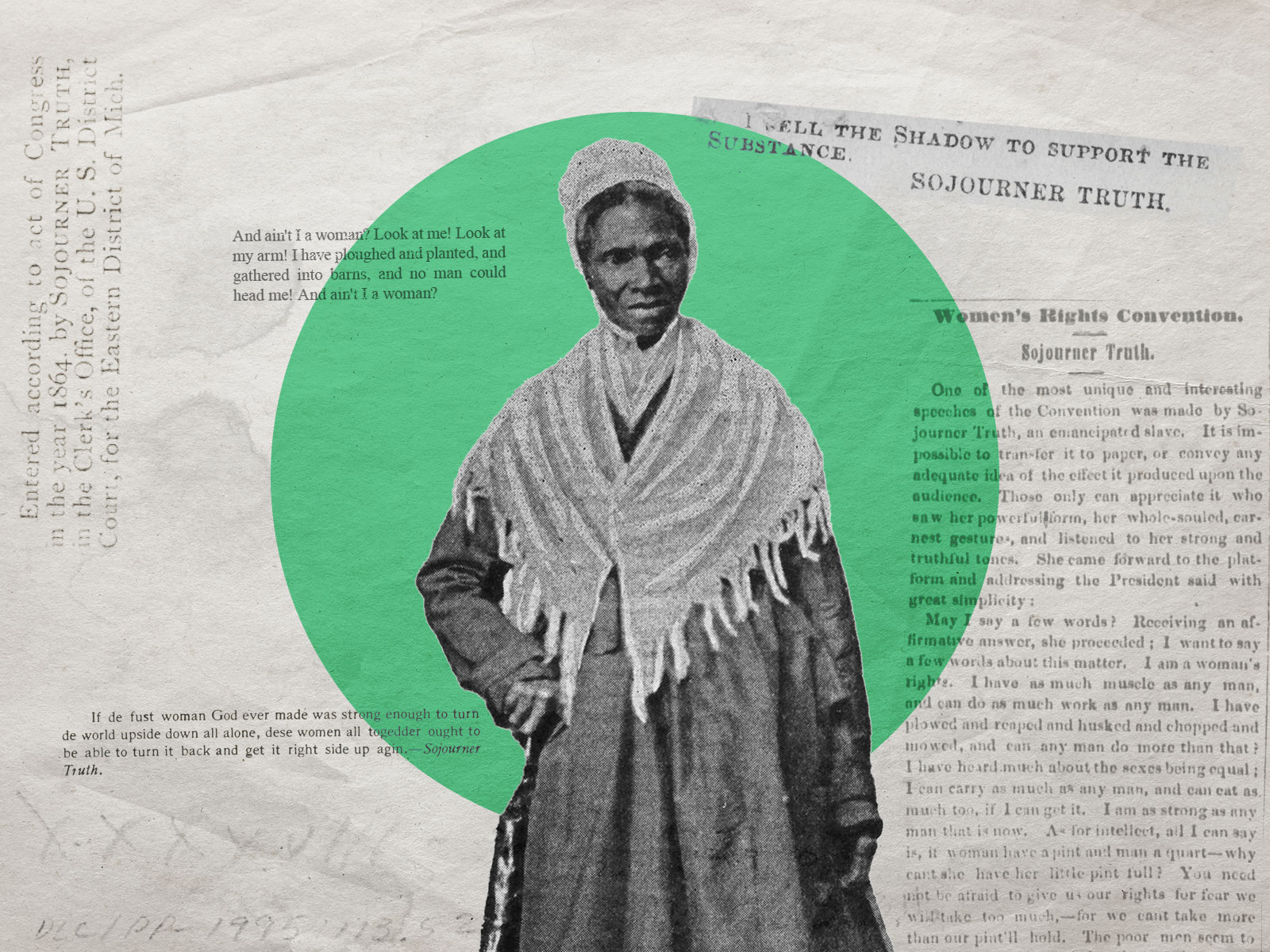 Stylized image of Sojourner Truth, featuring her image and various lines of text.