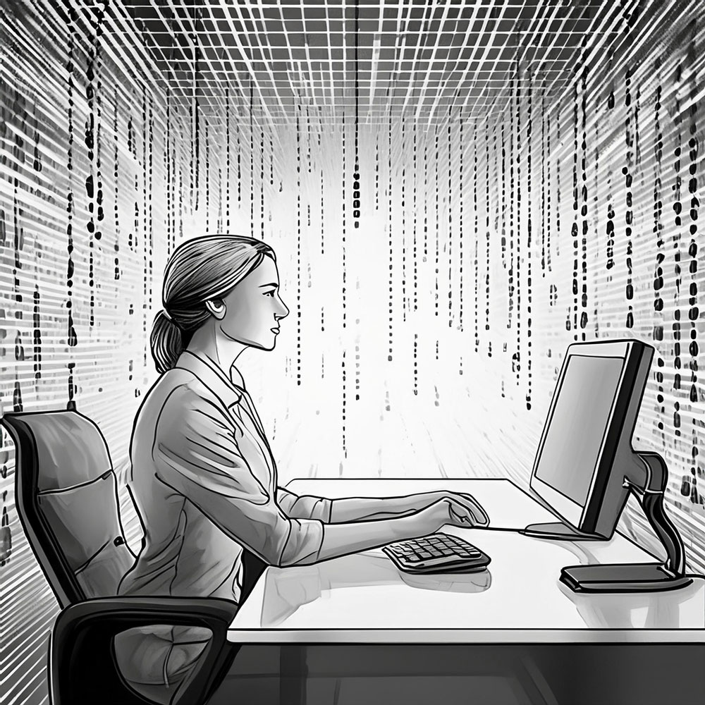 Illustration of a reporter in a newsroom working at a computer. Side angle. The background is a surreal stream of binary code.