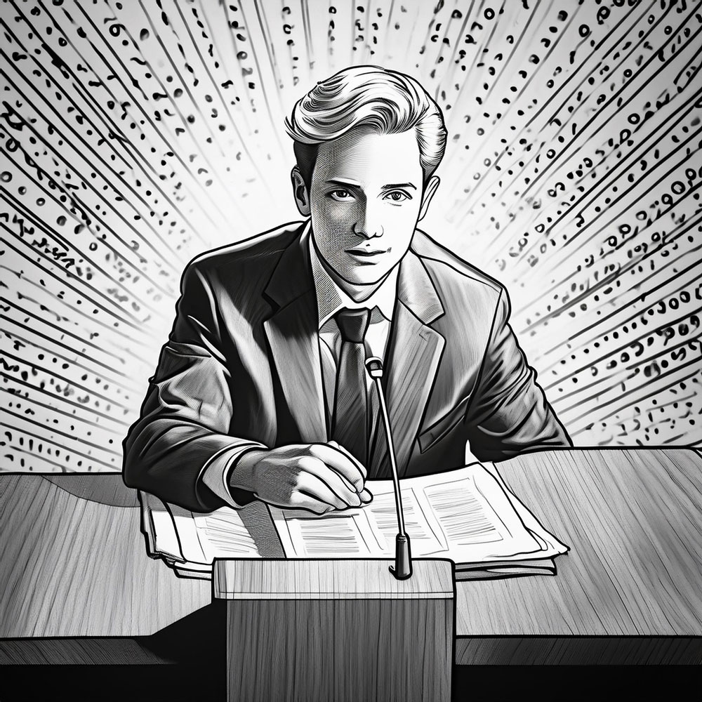 Illustration of a man sitting at a desk speaking in a senate hearing. Background is a somewhat surreal wave of binary code.