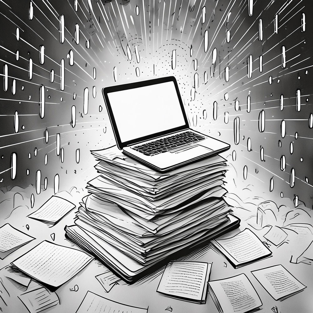 Illustration of a pile of papers. The papers are academic research and legislation. There is a laptop on top of the papers. The background is a somewhat surreal stream of binary code.