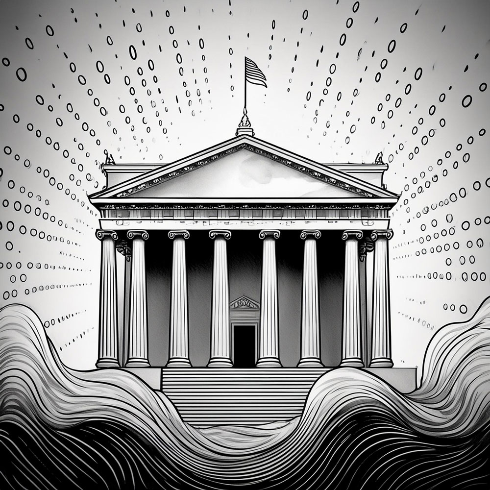 neoclassical government building with abstract wave of data around it; binary code