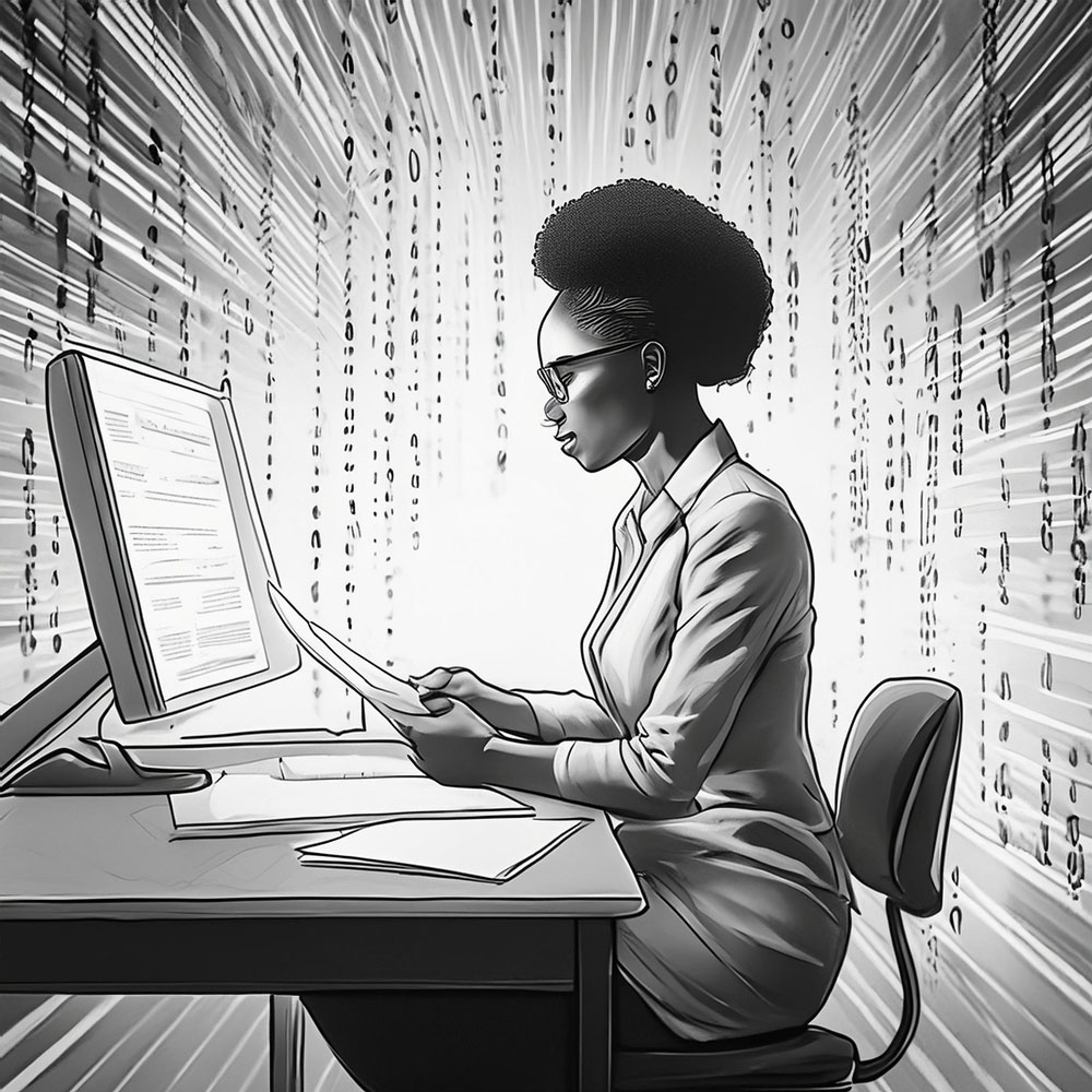 Illustration of a college professor sitting at a desk. Sideview. They are reviewing many documents. There is a computer on the desk. The background is somewhat surreal with binary code in a data stream.